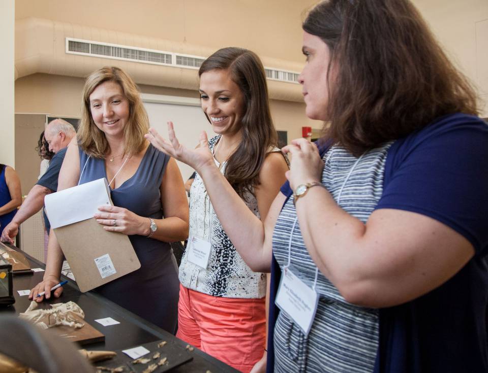 QUEST participants stand and talk in front of a table with bones laid out on it