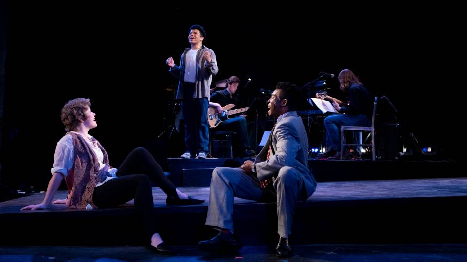 Actors and musicians on stage for musical "Tick, Tick...Boom"