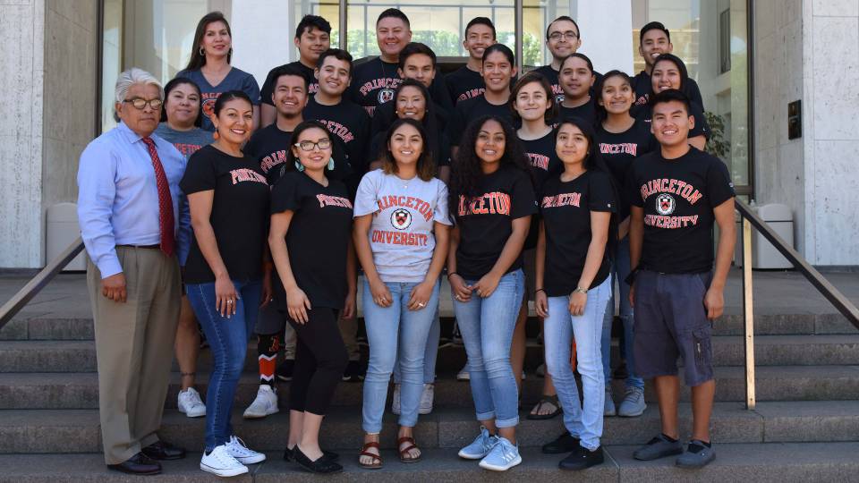 Participants in the Santa Fe Indian School Leadership Institute in front of Woodrow Wilson School