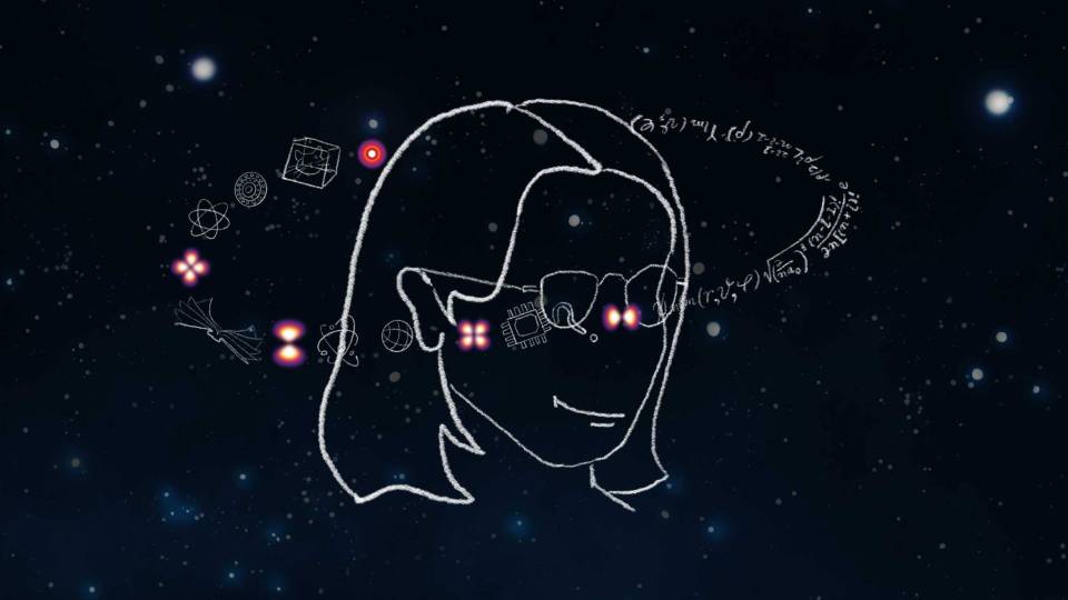 quantum symbols form a ring around a student's head