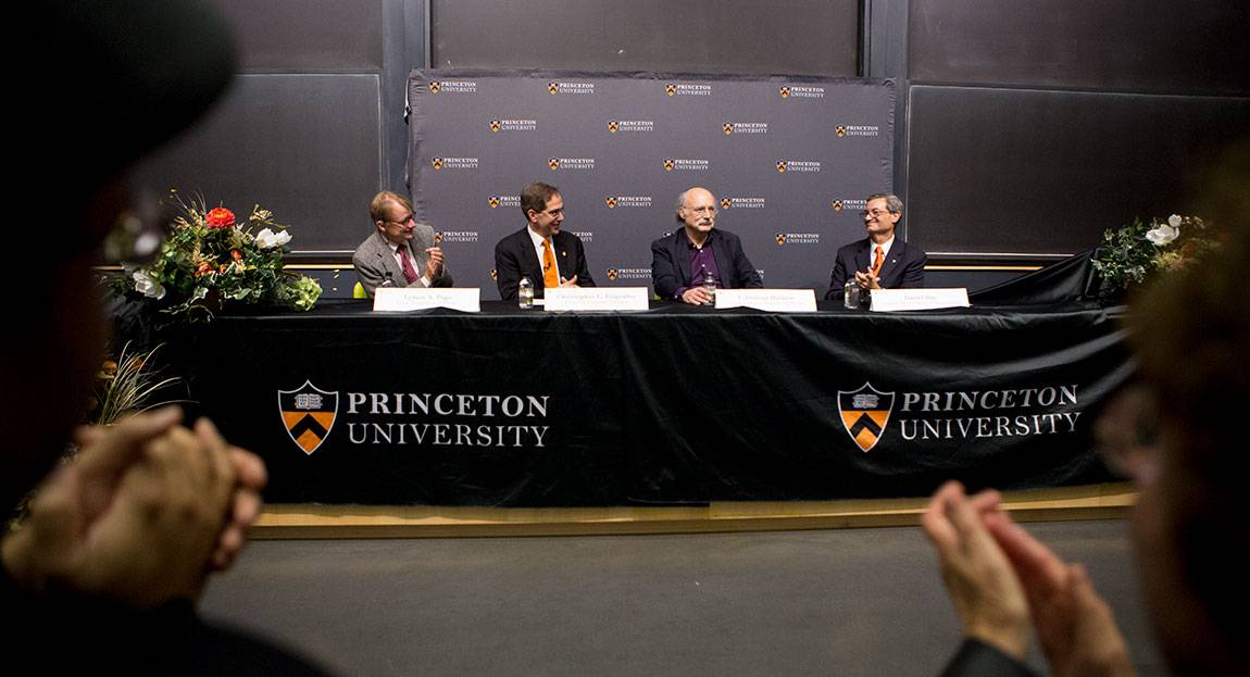 F. Duncan Haldane press conference with Lymon Page, President Eisgruber, Dan Day