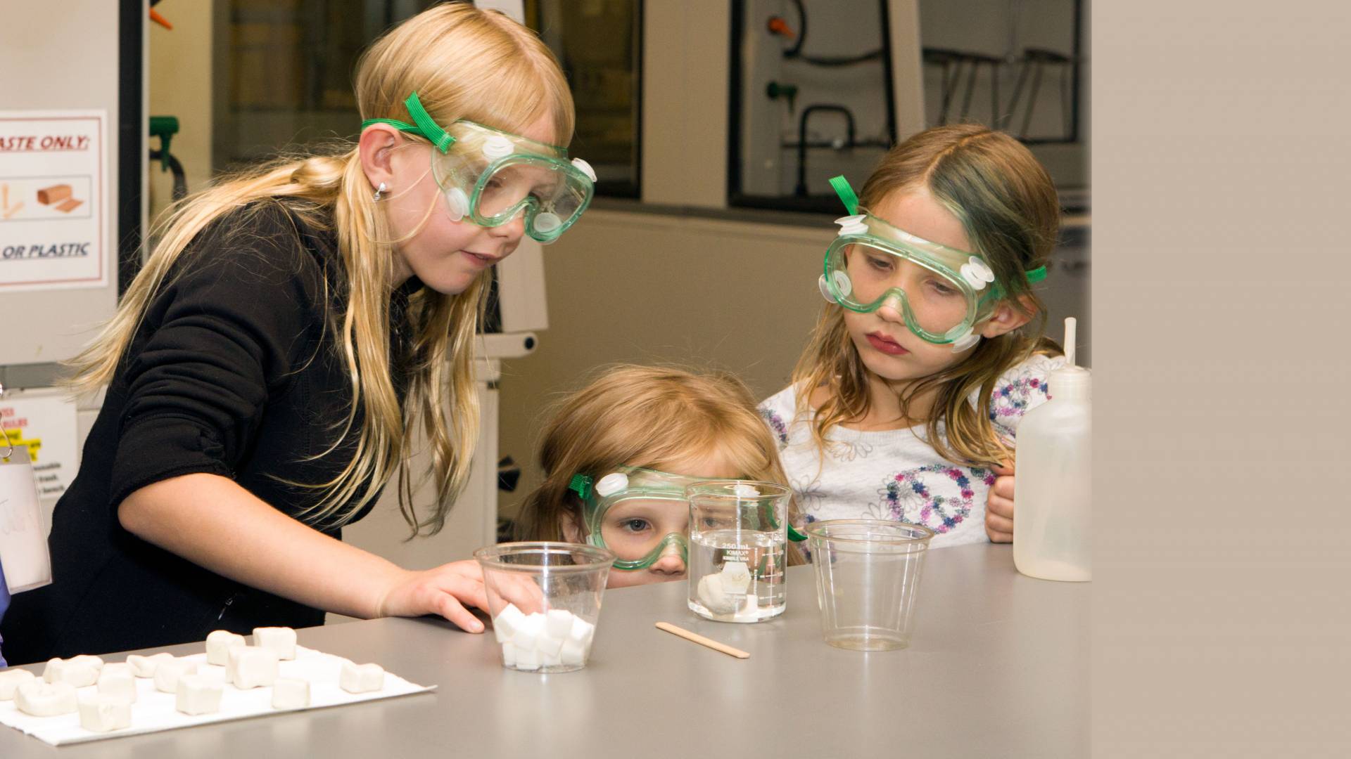 Three girls watch sugar dissolve during Chemistry Rocks event