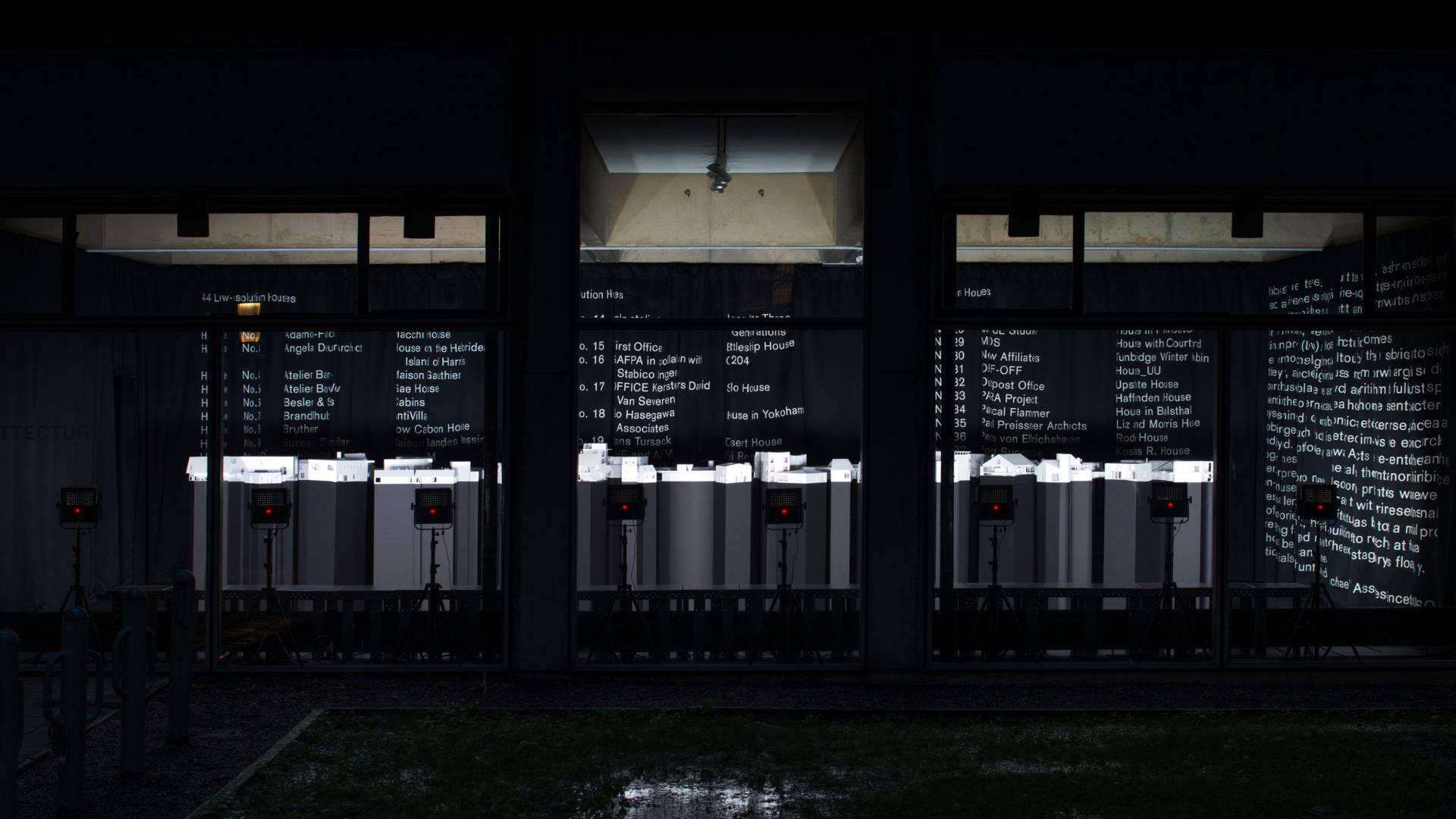 Overview showing all pieces in the architecture exhibit through windows