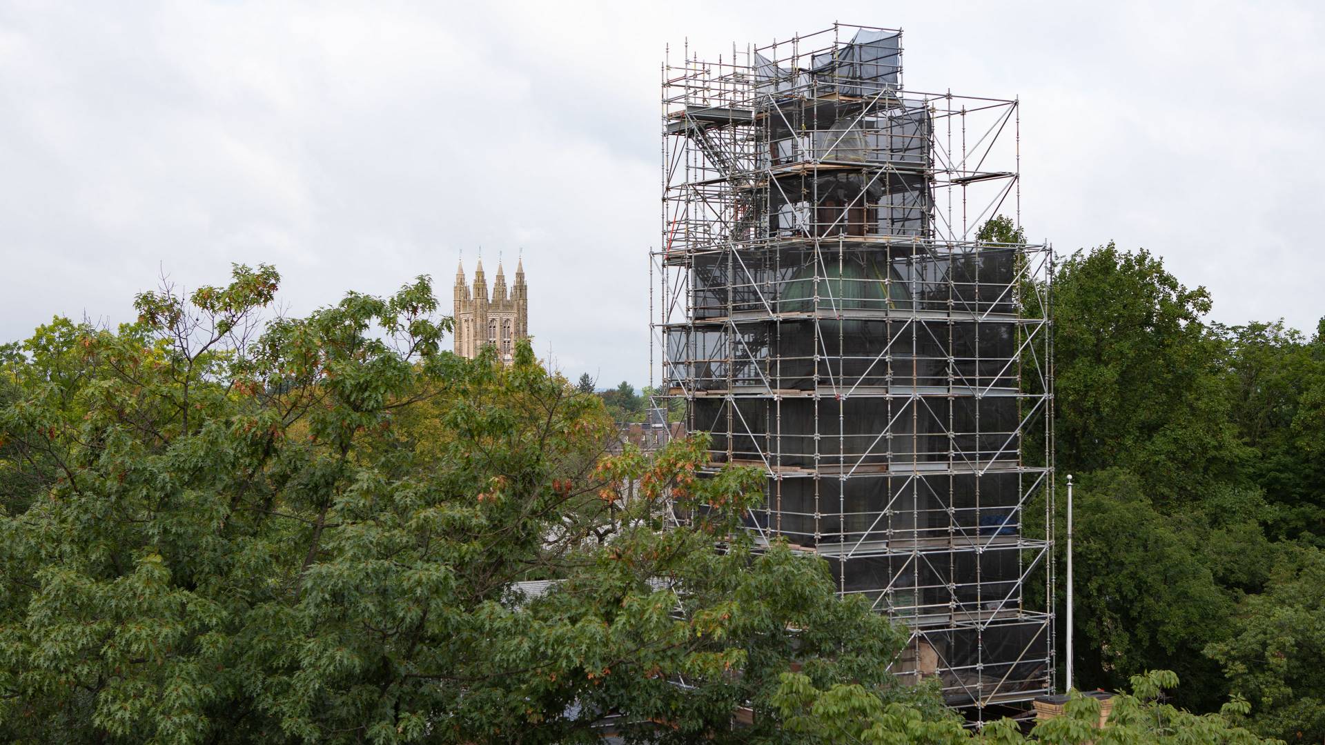 Scaffolding surrounding Nassau Hall cupola