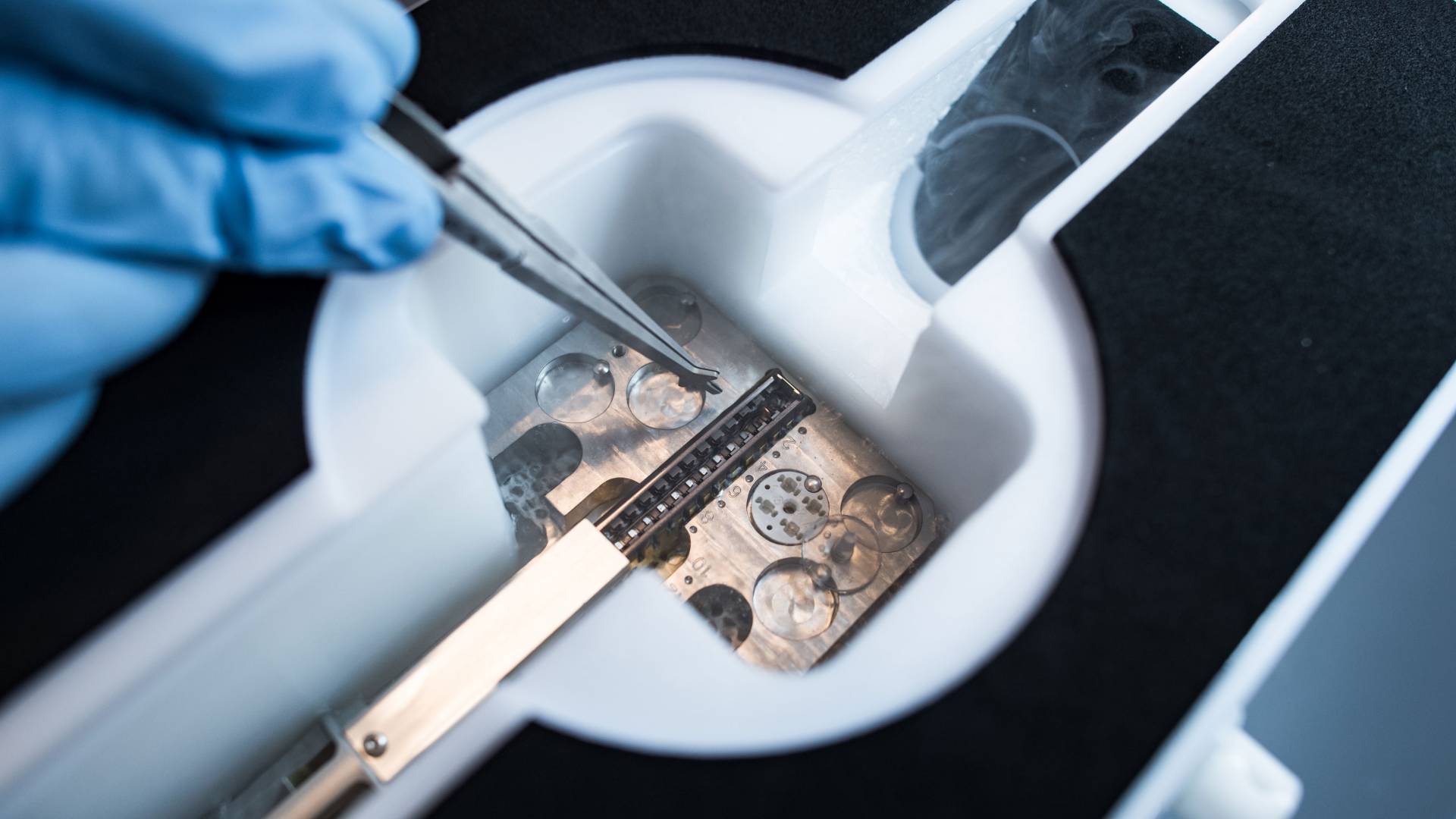 Close up of a hand holding tweezers toward a small piece of machinery