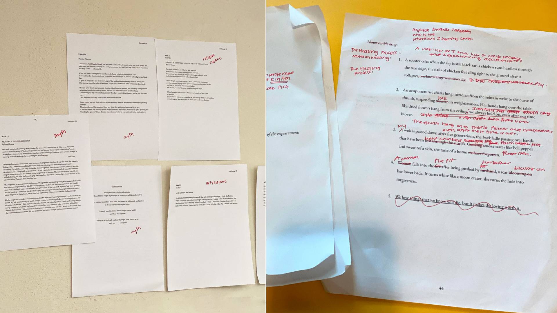 pages of a senior thesis hung on a wall and close-up of handwritten feedack on typed pages