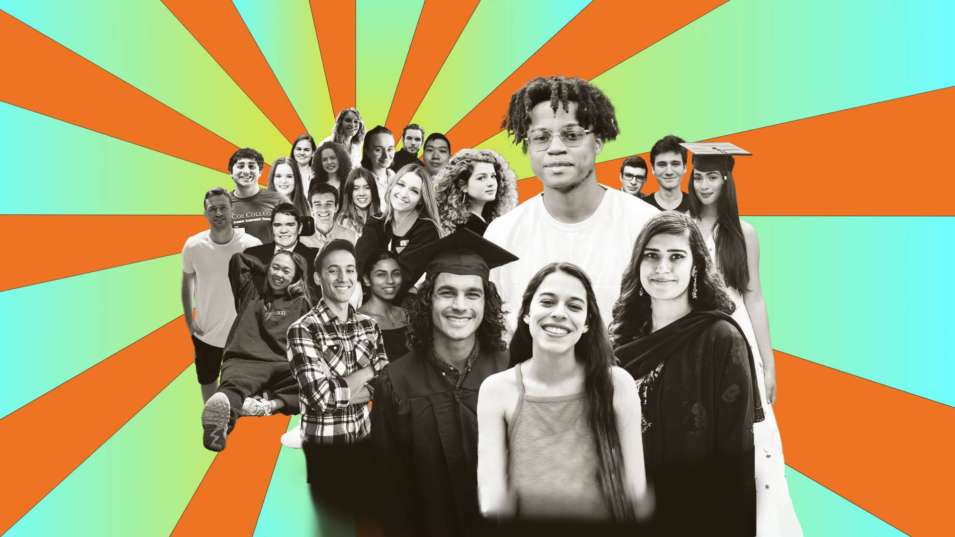 Collage of student portraits in front of graphic sun rays