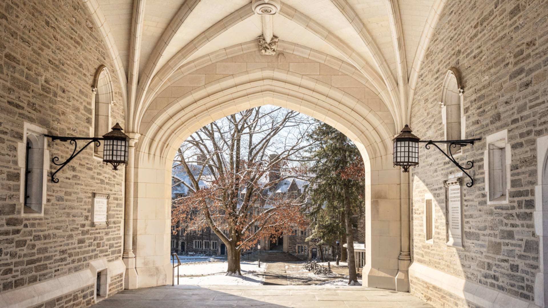 View from inside an archway in Princeton University.