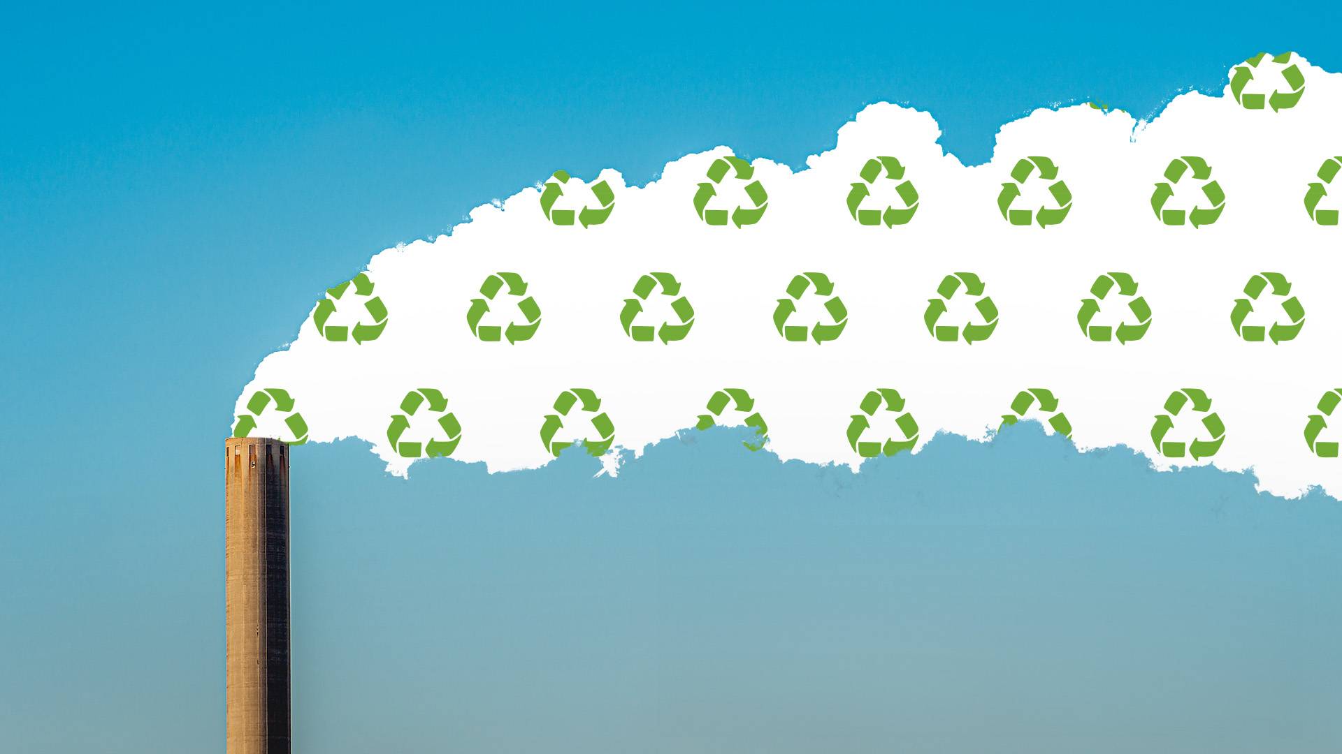 Illustration of a smokestack with smoke comprised of the recycle symbol.