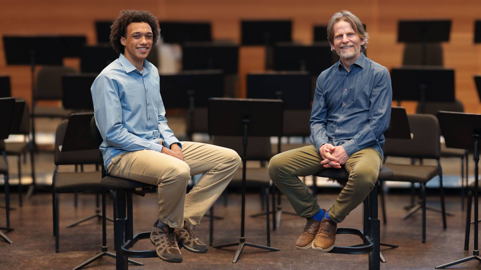 Toussaint Santicola Jones in the music room with his thesis adviser, Steve Mackey.