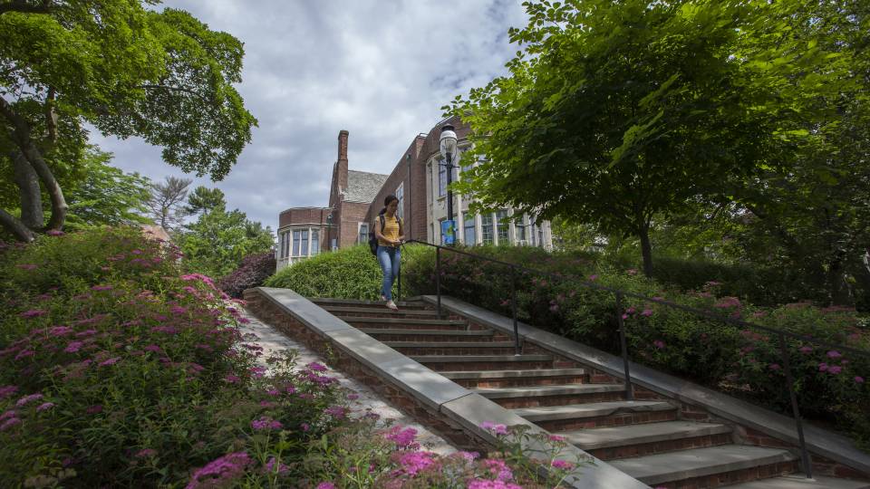 Student walking down stairs by McCosh