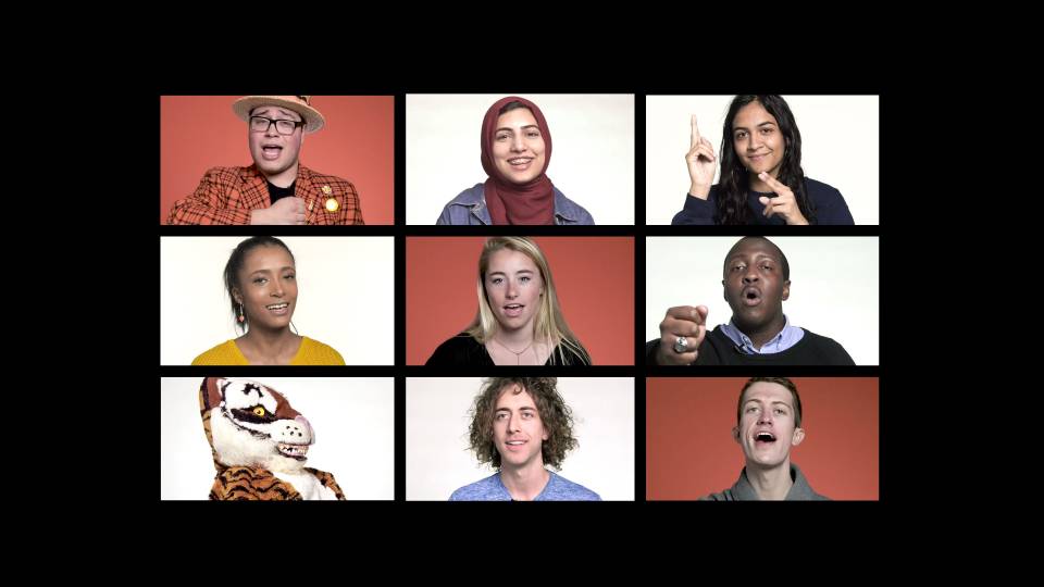 Grid of eight faces of students and face of tiger mascot