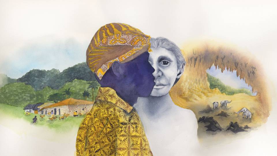 Illustration of Flores village, pygmy, Homo florensiensis, and cave