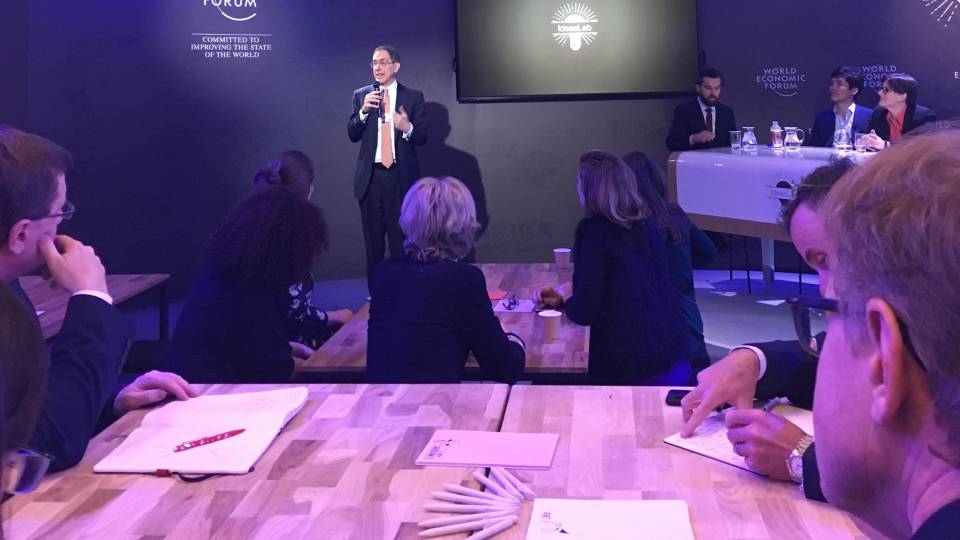President Eisgruber speaking at Davos 2018 event
