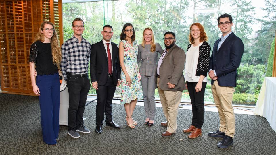 Emma Kast, Mattias Fitzpatrick, David Villalobos-Paz, Laura Leal, Dean of the Graduate School Sarah-Jane Leslie, Wasim Shiliwala, Elena Dugan, and George Sorg-Langhans.