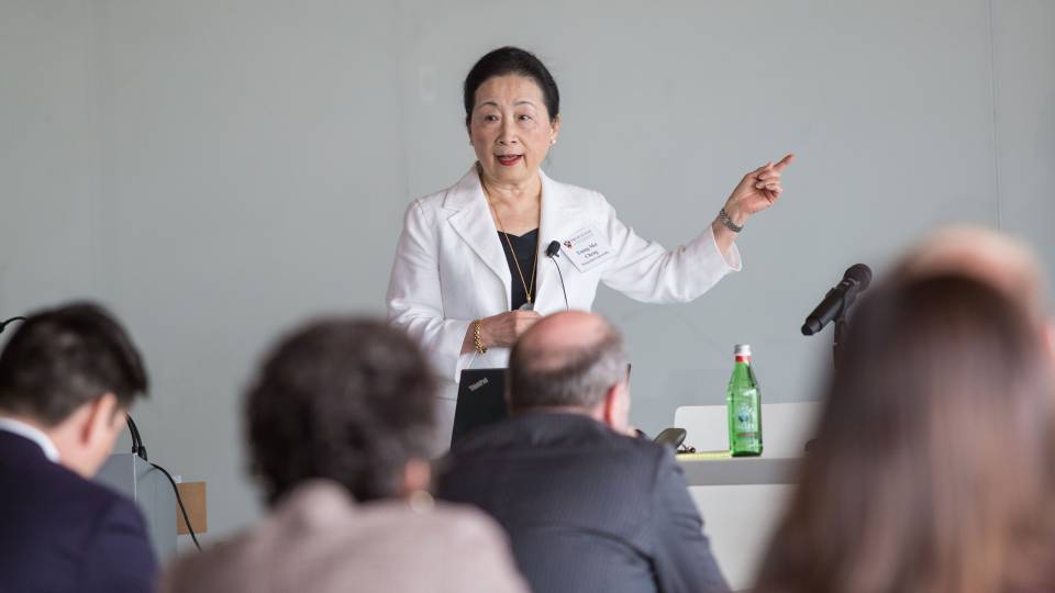 Tsung-Mei Cheng speaks in front of an audience