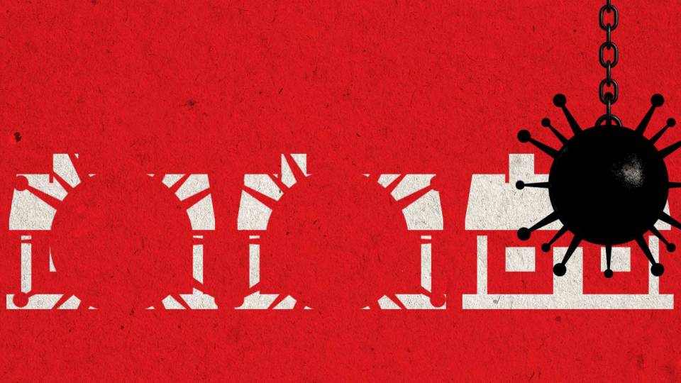 Illustration of COVID-shaped wrecking ball in front of houses