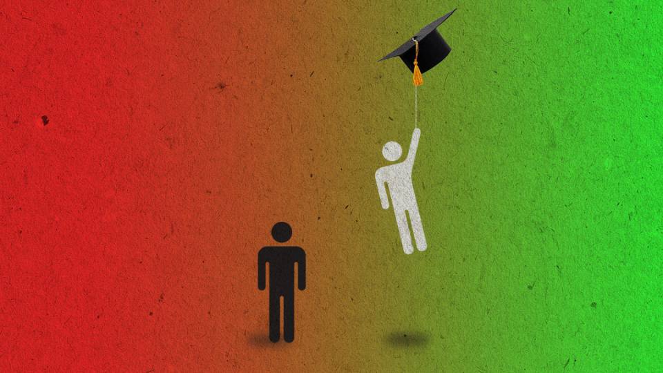 one stick figure is carried upwards by a mortarboard, leaving the other on the ground