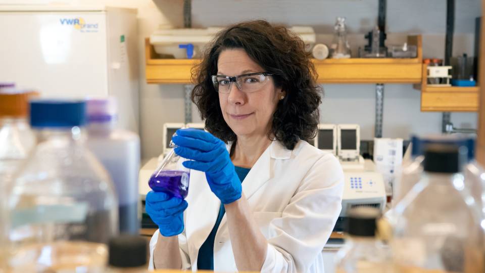 Bonnie Bassler holds up a test tube