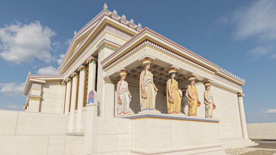 A 3d rendition of a temple with large pillars and large statues as pillars.