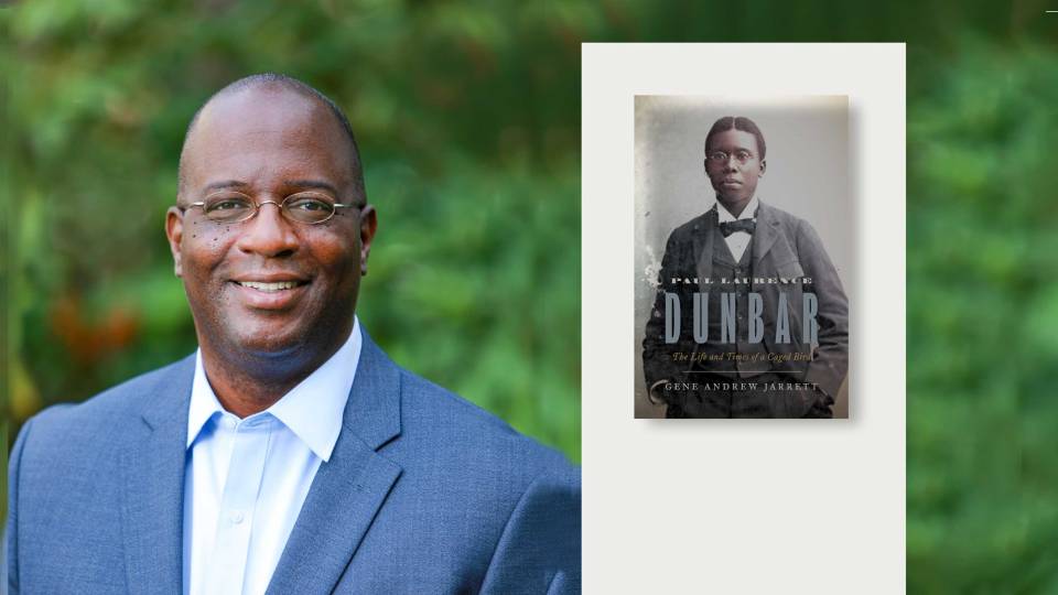 Gene Jarrett and his book cover, "Paul Laurence Dunbar: The Life and Times of a Caged Bird"