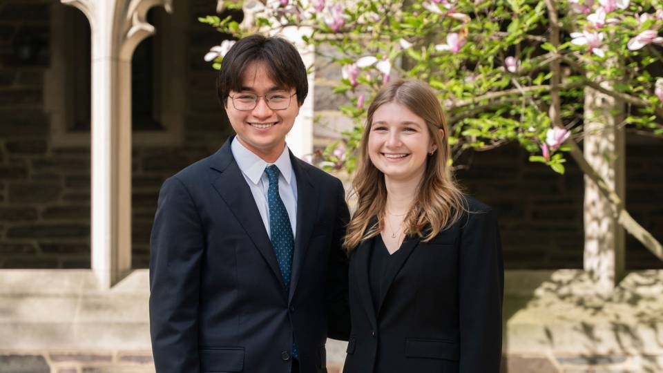 Daniel Yu and Madeleine Murnick outdoors on the Princeton campus