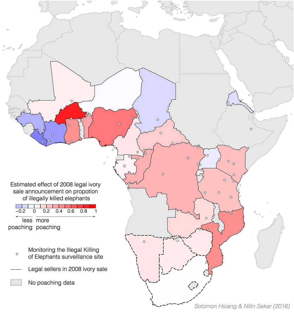 Since the 2008 legal sale, illegal ivory production has increased by about 66 percent, while seizures of ivory being smuggled out of Africa have increased by approximately 71 percent. The sale briefly opened ivory trade between China and Japan and four African nations (in dash outlines) — clockwise from left, Namibia, Botswana, Zimbabwe and South Africa. Elephant poaching, however, has increased all over sub-Saharan Africa, as seen on the map above with red indicating more poaching since 2008 and blue ...