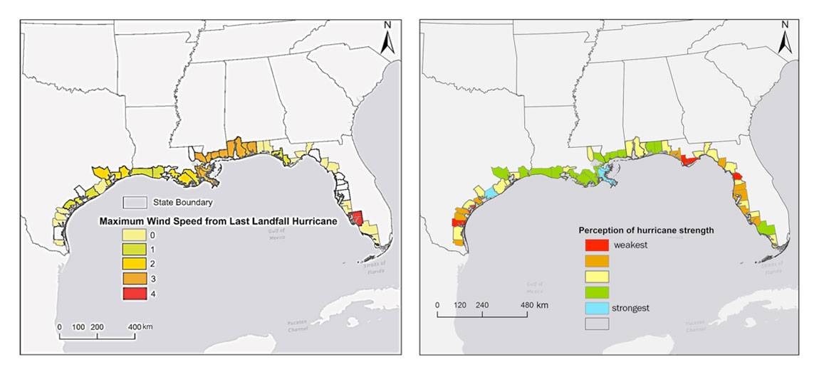 Infographic showing data on perception of the severity of storm (right) vs actual wind speed
