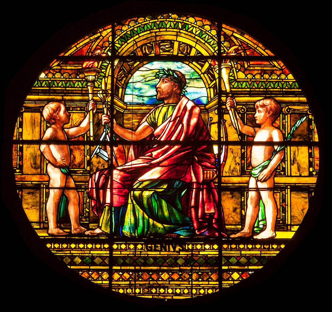 Richardson Auditorium in Alexander Hall stained glass panel