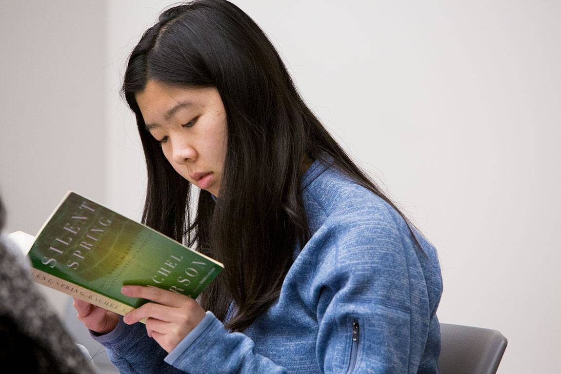 Sophomore SiSi Peng reads Rachel Carson's classic "Silent Spring" for the course The Literature of Environmental Disaster taught by Göran Blix, associate professor of French and Italian