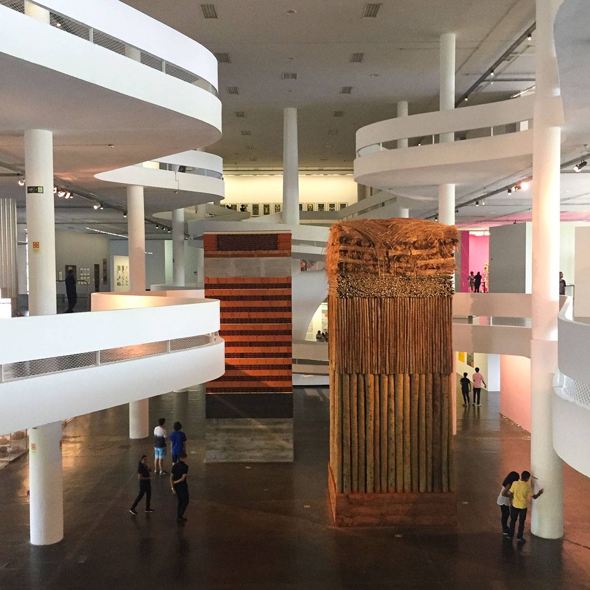 Brazilian sculptor Lais Myrrha's "Dois pesos, duas medidas" (Two weights, two measures, or Double Standard) installed in the pavilion that Brazilian architect Oscar Niemeyer designed for the 1957 São Paulo Bienal