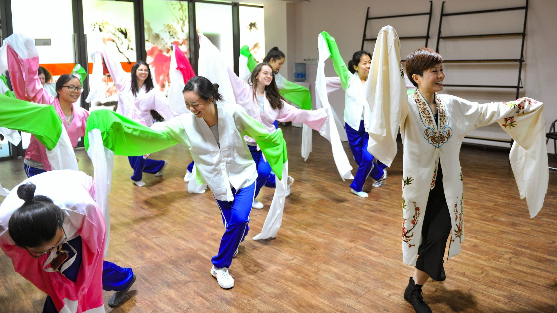 Students learning water sleeve dance