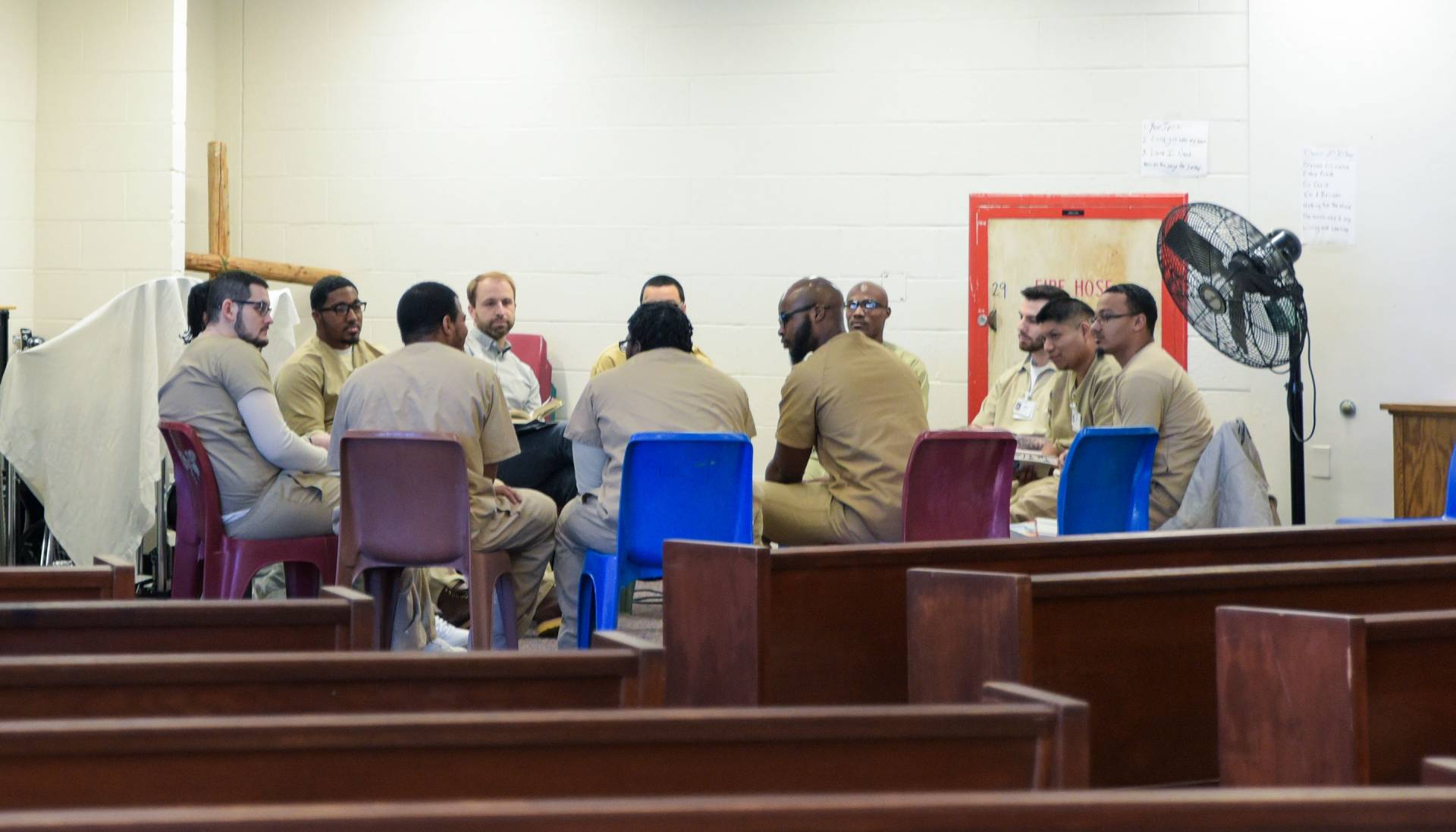 Students sit in a circle during a discussion