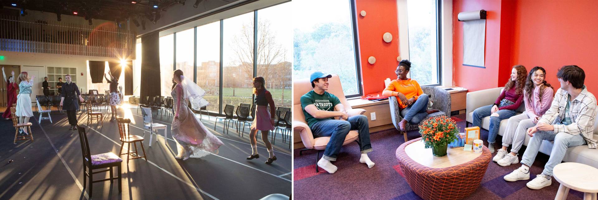 Students rehearsing in a studio space and students sitting in a lounge area