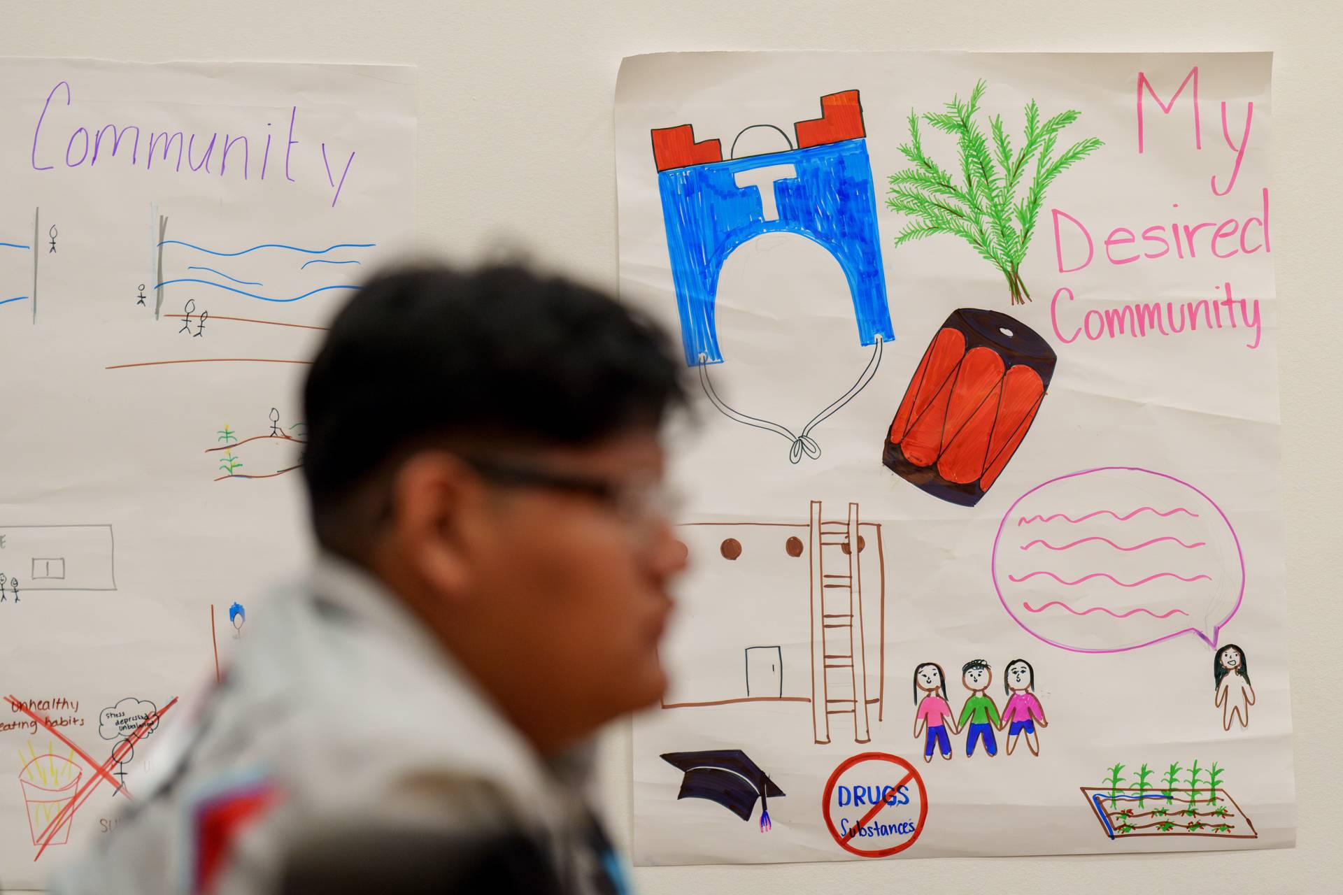 Student drawings on a board illustrating community