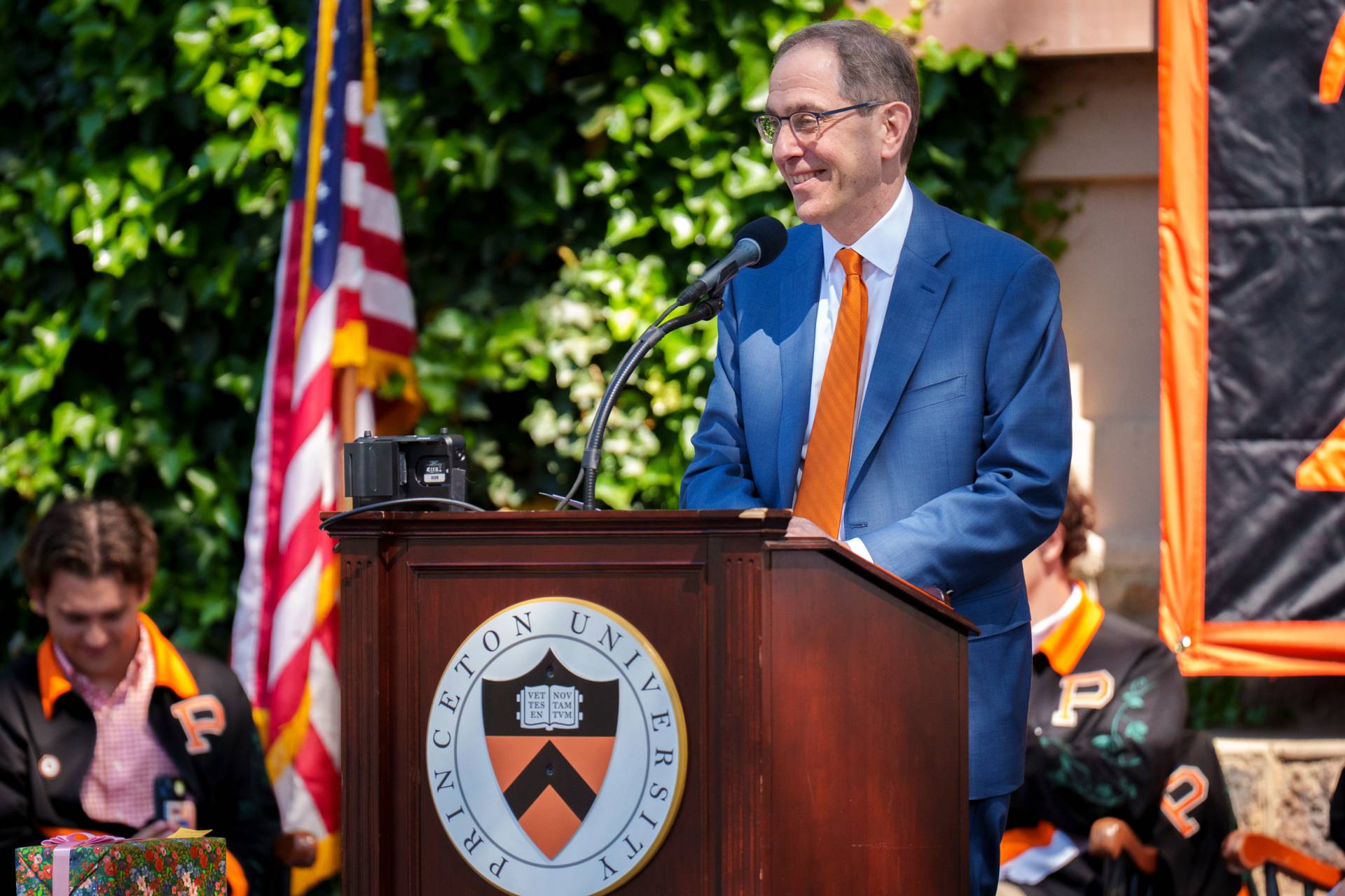 Christopher L. Eisgruber at the podium for Class Day.