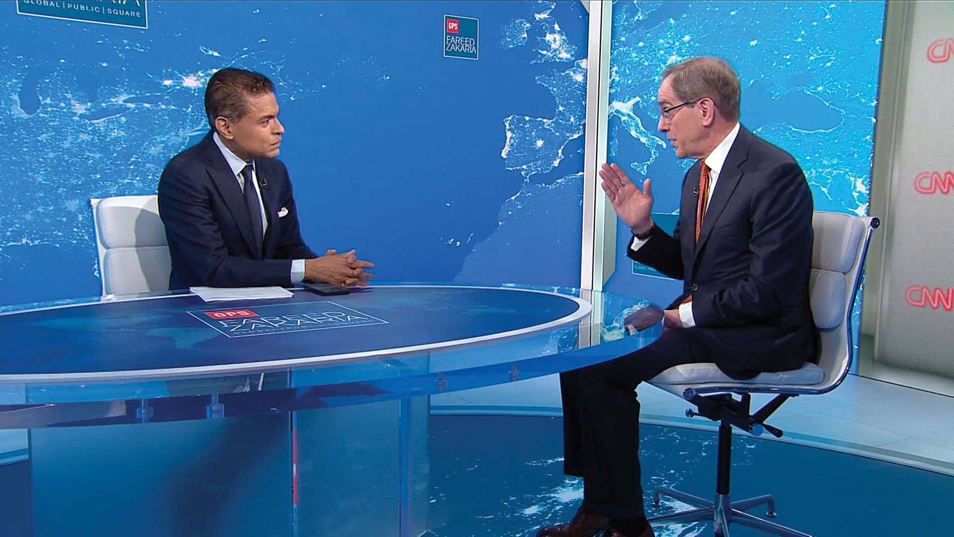 Fareed Zakaria of CNN's "Fareed Zakaria GPS" speaks during a live broadcast with Christopher L. Eisgruber
