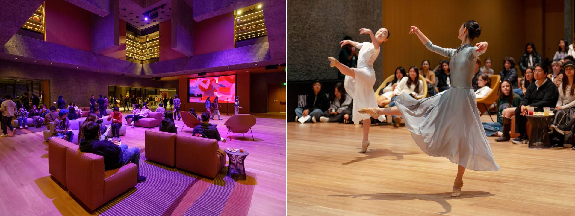 Left: Students mingle in The Grand Hall during the student preview. Right: Members of Princeton University Ballet perform.
