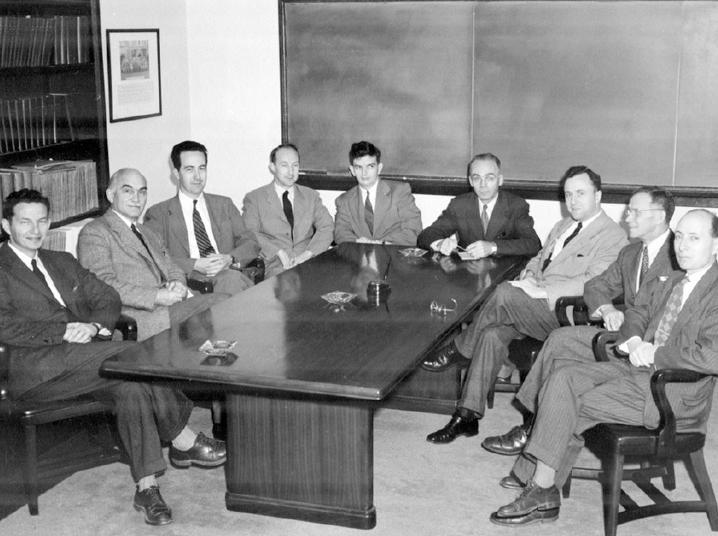 Rubby Sherr, Allen Shenstone, Donald Hamilton, Eric Rogers, Robert Dicke, Walker Bleakney, John Wheeler, Rudolf Ladenburg and Eugene Wigner, circa 1950