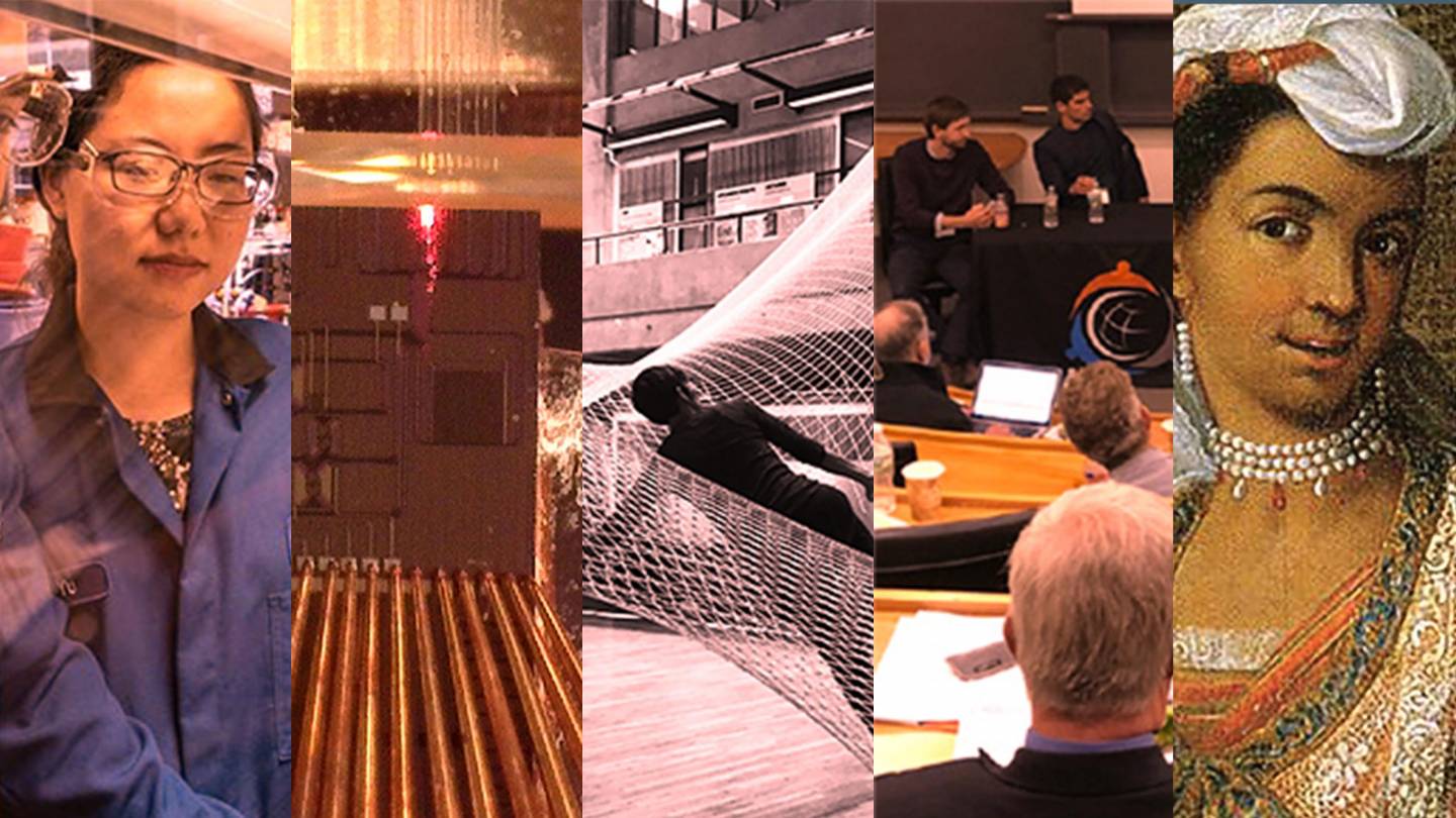 Composite images of research, machines, a person in a net, detail of an 18th century painting, and people in a seminar event