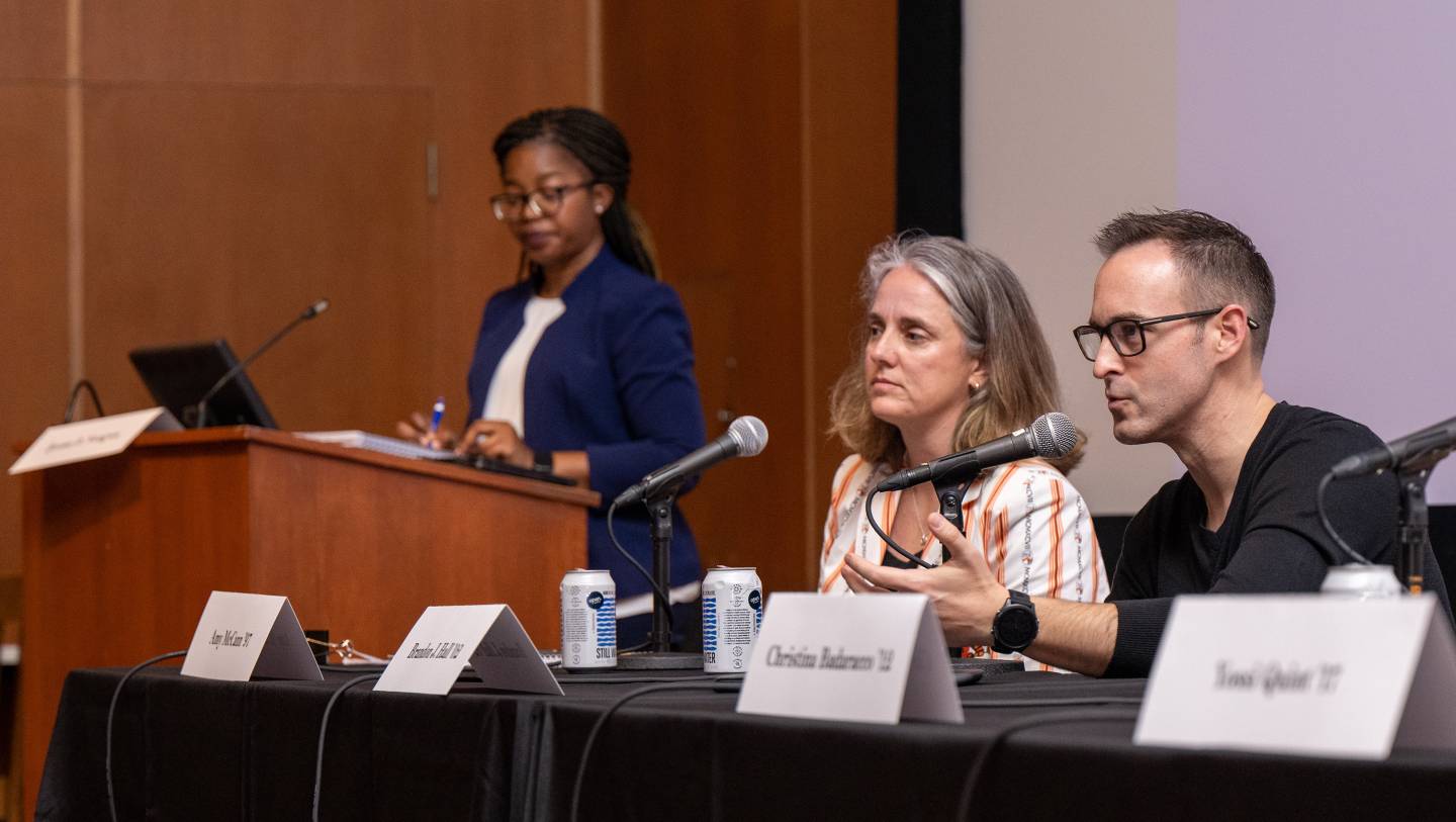 Ijeoma Nwagwu with to alumni panelists